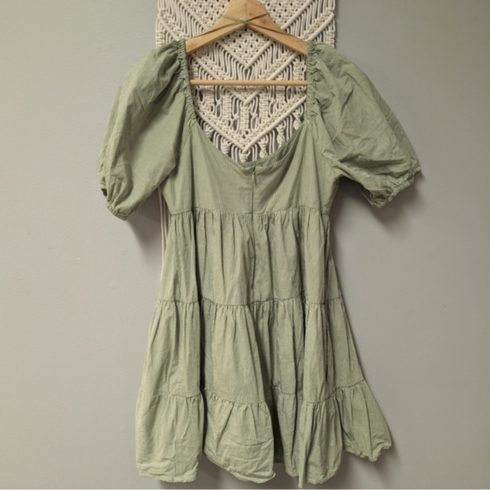 Nia Green Checkered Gingham Cotton Puff Sleeve Tiered Dress Medium Cottagecore - Picture 4 of 6